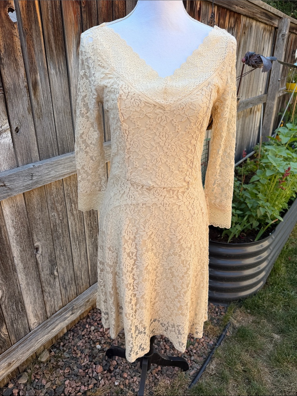 Yellow Chair Elegant Cream Stretch Lace V-Neck Women’s Dress Med